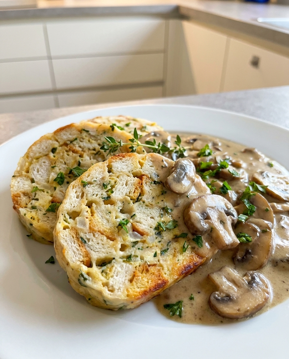 Serviettenknödel mit Pilzrahmsoße