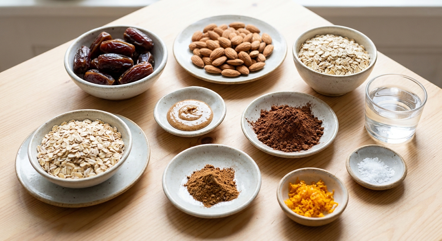Zutaten für Lebkuchen Energy Balls mit Mandeln und Orange