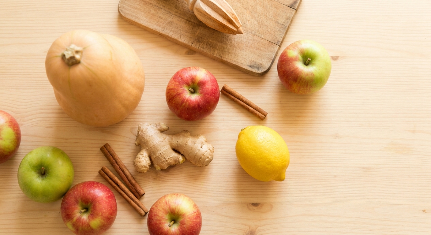 Zutaten für Kürbis-Apfel-Ingwer-Saft